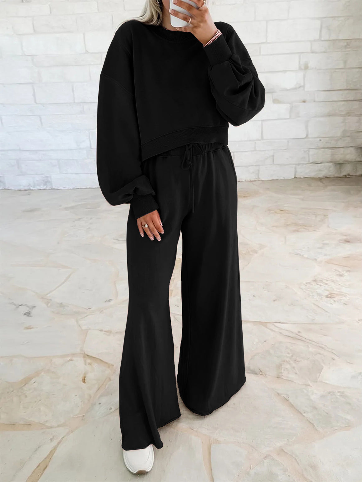 Women's Short Sweater and Palazzo Pants Lounge Set with Balloon Sleeves Mune Fashion