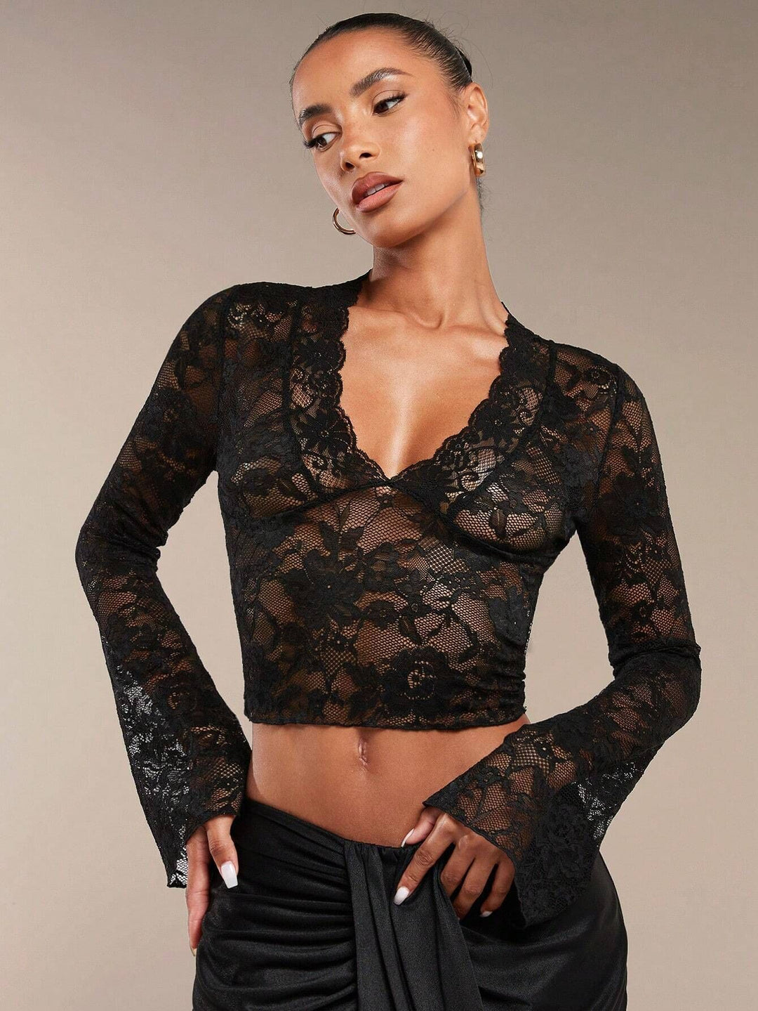 Women's sheer lace blouse with V-neck, tailored and bell sleeves Mune Fashion