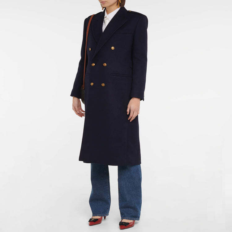 Women Double-breasted Wool Blend Long Coat with Epaulettes and Structured Tailoring Silhouette Mune Fashion