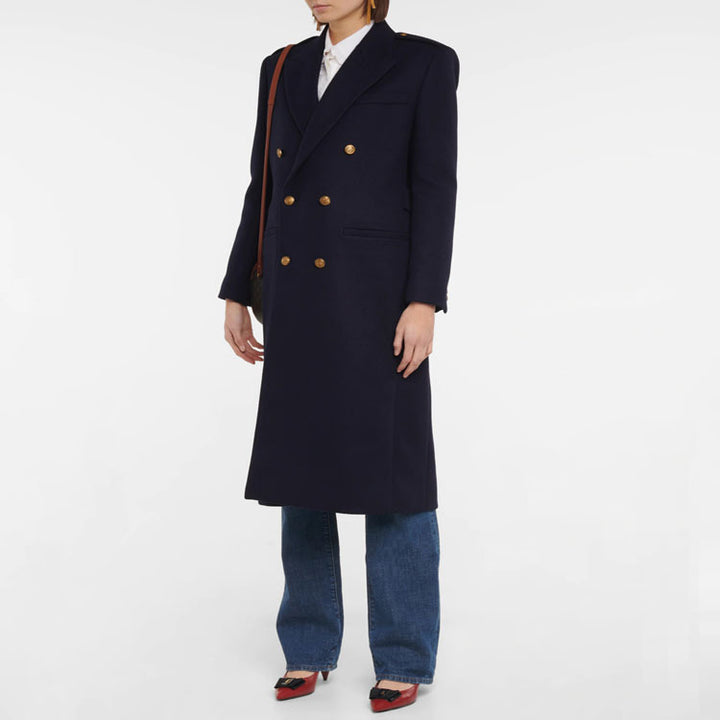 Women Double-breasted Wool Blend Long Coat with Epaulettes and Structured Tailoring Silhouette Mune Fashion