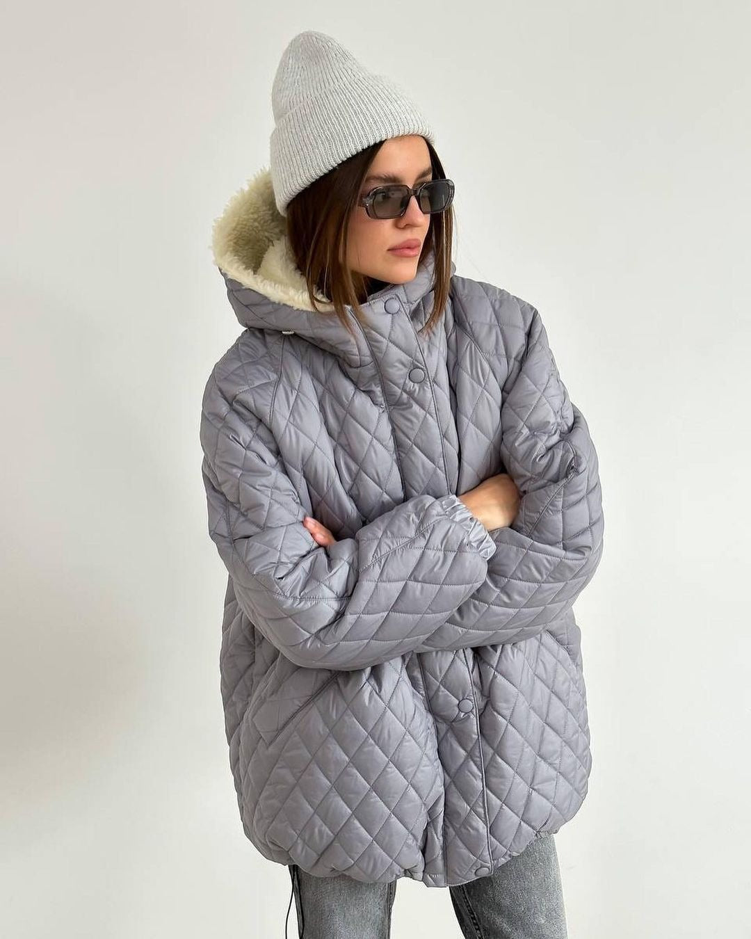 Women's Oversize Quilted Jacket with Teddy Lining and Hood Mune Fashion