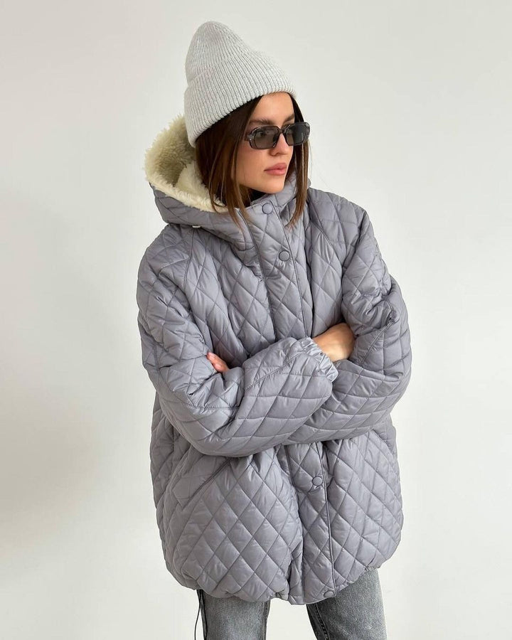 Women's Oversize Quilted Jacket with Teddy Lining and Hood Mune Fashion