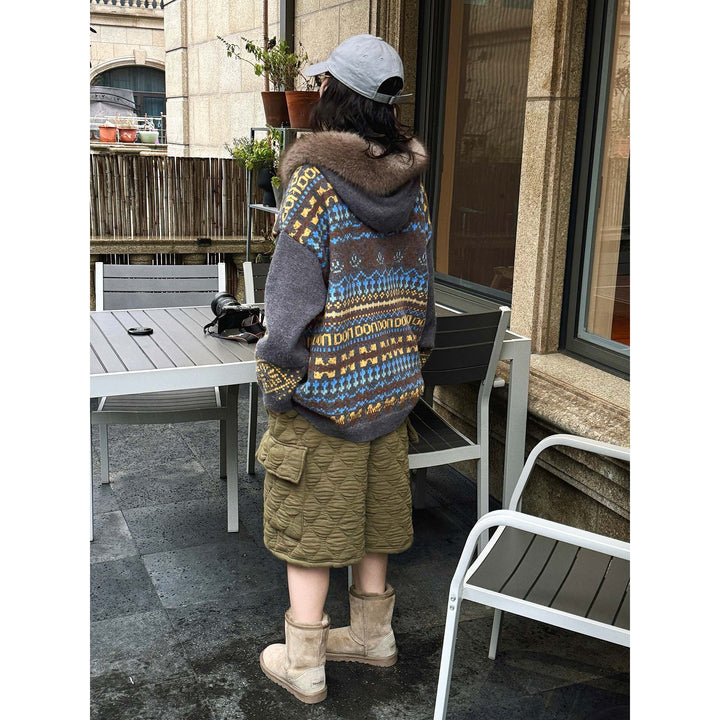 Women's patterned cardigan with faux fur hood and zipper Mune Fashion