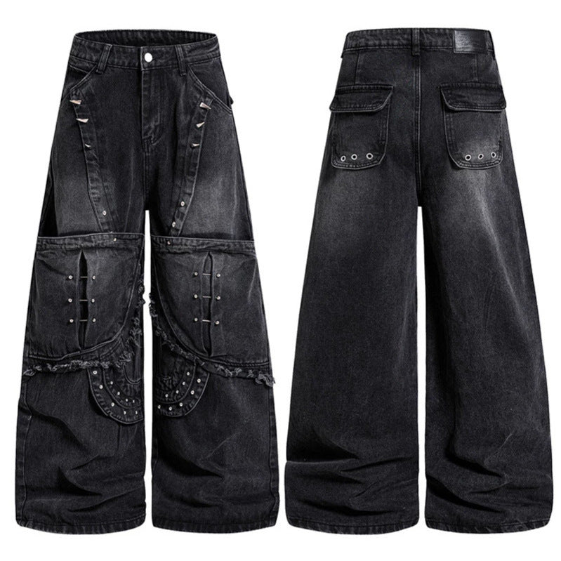 Women Wide High-Waist Denim Cargo Culotte with Rivets and Large Flap Pockets Mune Fashion