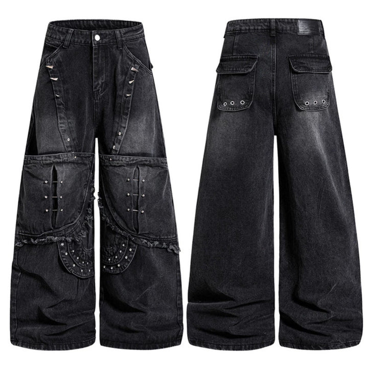 Women Wide High-Waist Denim Cargo Culotte with Rivets and Large Flap Pockets Mune Fashion
