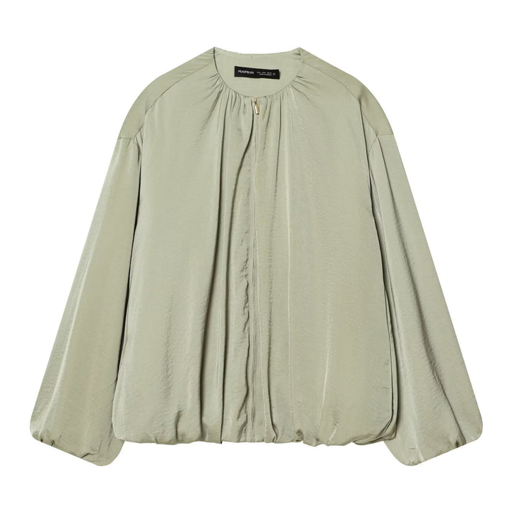 Women's Lightweight Cropped Blouson Jacket with Round Neck, Balloon Sleeves, and Drawstring Hem Mune Fashion