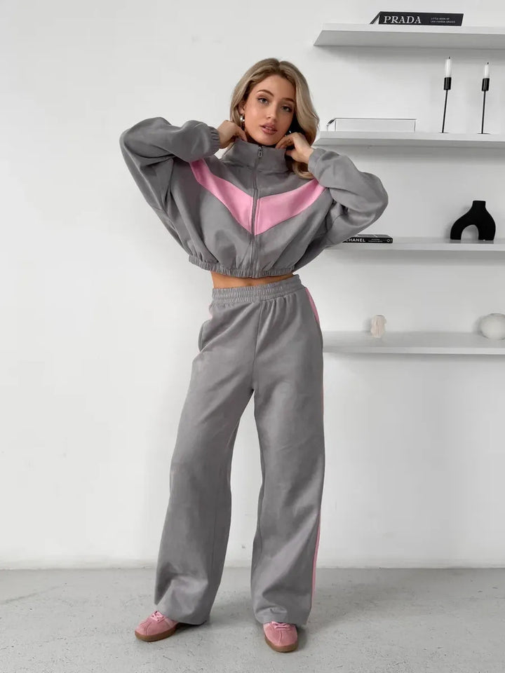 Women's cropped zip jacket and wide track pants with contrasting side stripe Mune Fashion