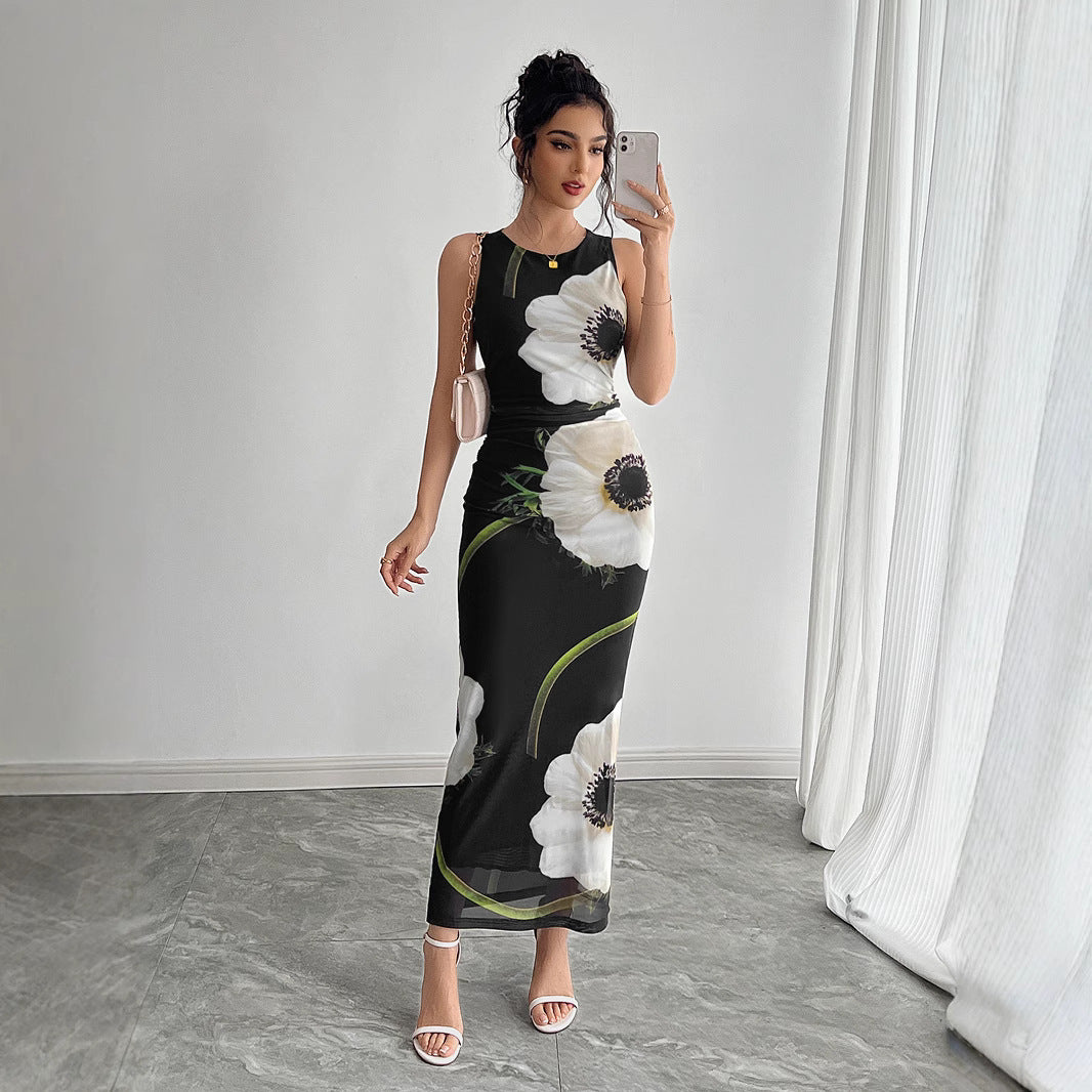 Women's form-fitting sleeveless maxi dress with photorealistic floral print and tailored silhouette Mune Fashion