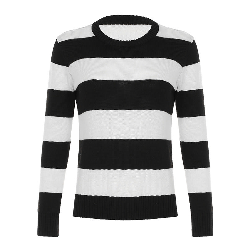 Women's striped round neck sweater made of fine knit with ribbed cuffs and slim fit Mune Fashion