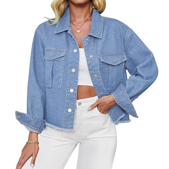 Women's cropped oversized denim jacket with raw hem and patch chest pockets Mune Fashion