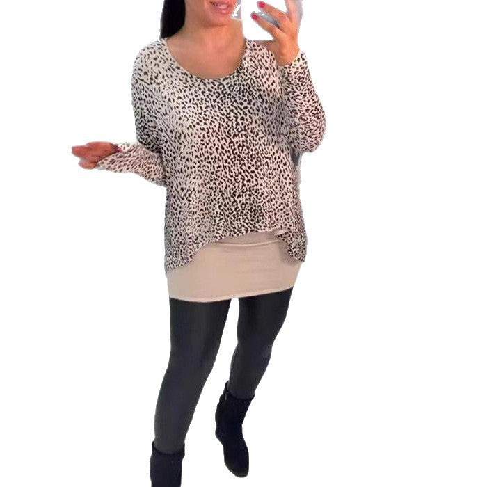 Women loose-fitting tunic long sleeve with leopard print, rounded hem and layered look Mune Fashion