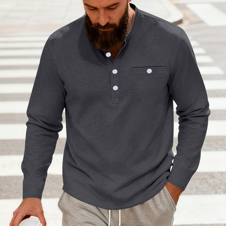 Men's Casual Henley Long Sleeve Shirt with Stand-Up Collar, Chest Pocket, and Curved Hem Mune Fashion