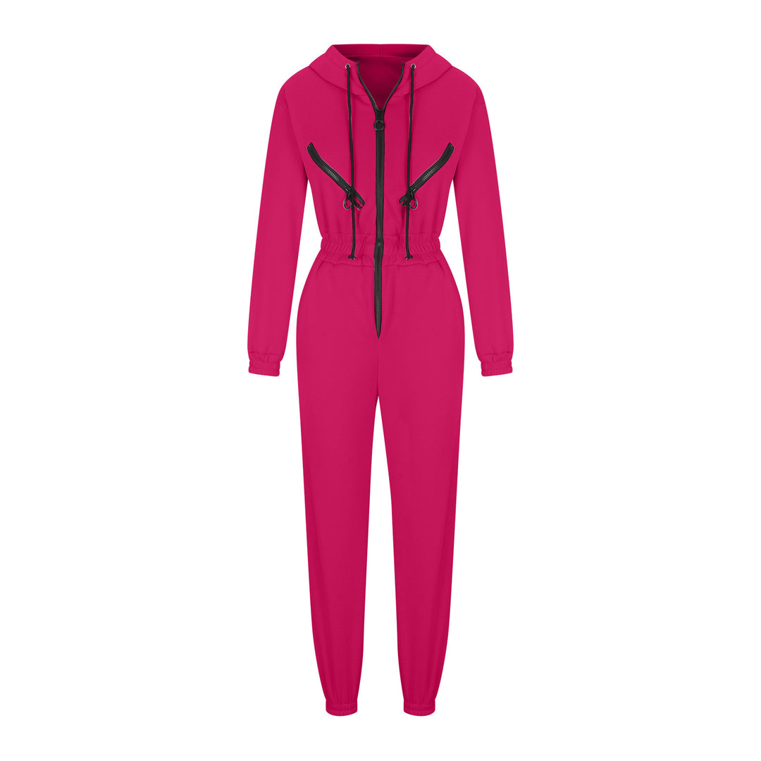 Women's tailored hooded jumpsuit with elastic waistband and striking contrast zippers Mune Fashion