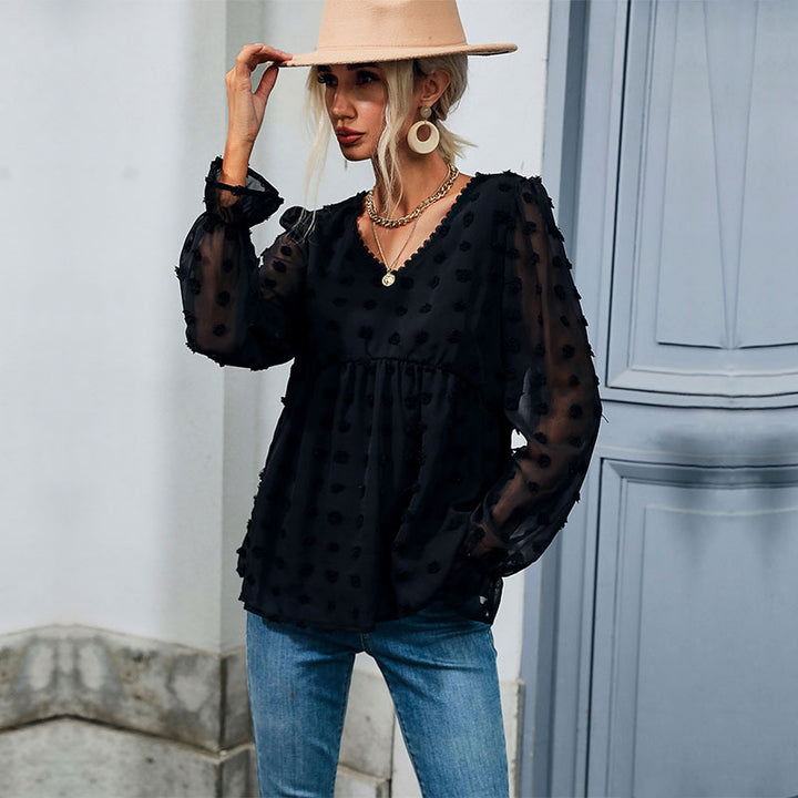 Women's Transparent Chiffon Blouse with V-Neck, Raised Dots Texture and Babydoll Silhouette Mune Fashion