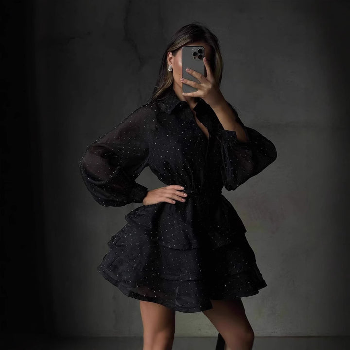 Women Transparent Ruffle Mini Dress with Shirt Collar, Balloon Sleeves and Waist Belt Mune Fashion