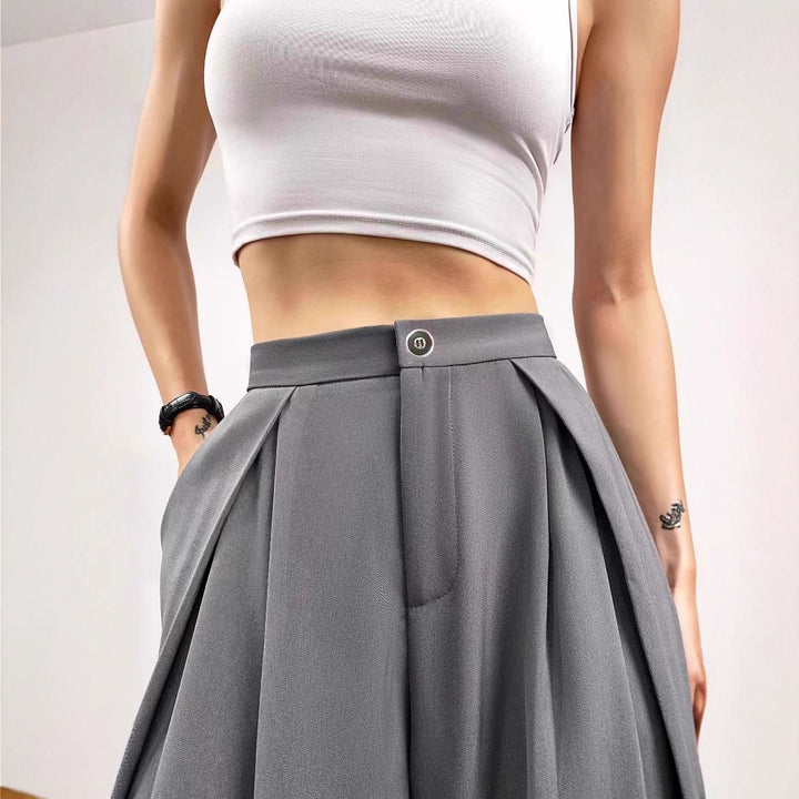 Women's Wide High-Waist Pleated Trousers with Pleats, Belt Loops and Side Pockets Drune