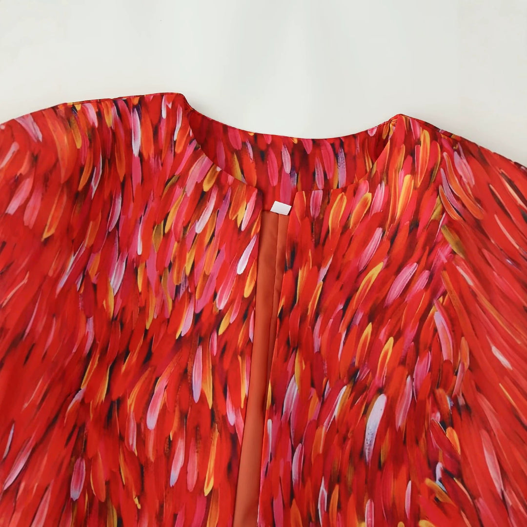 Women's Short Blazer without Collar with Artistic Brush Stroke Print Mune Fashion