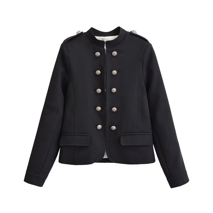 Women's Short Stand Collar Blazer with Double Decorative Button Placket and Epaulettes Mune Fashion