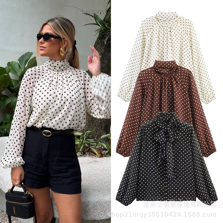 Women's lightweight polka dot blouse with gathered stand collar, frill yoke, and balloon sleeves Mune Fashion