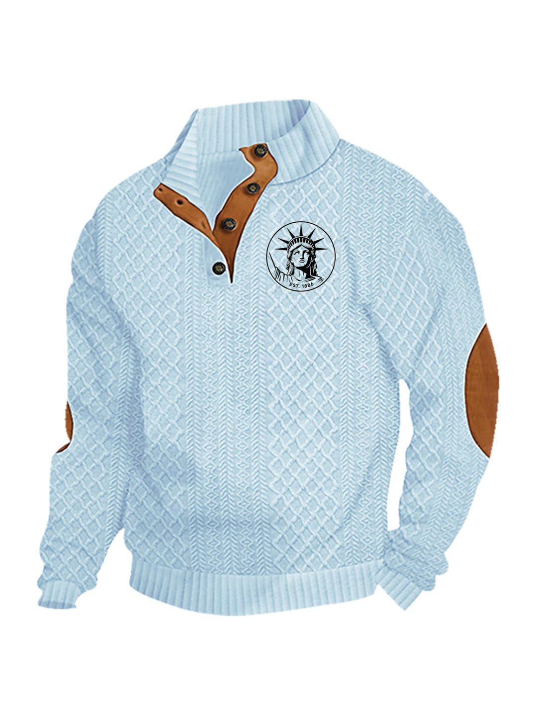 Men's nan Heritage textured pullover with stand-up collar faux leather trim elbow patches and half-button placket Mune Fashion