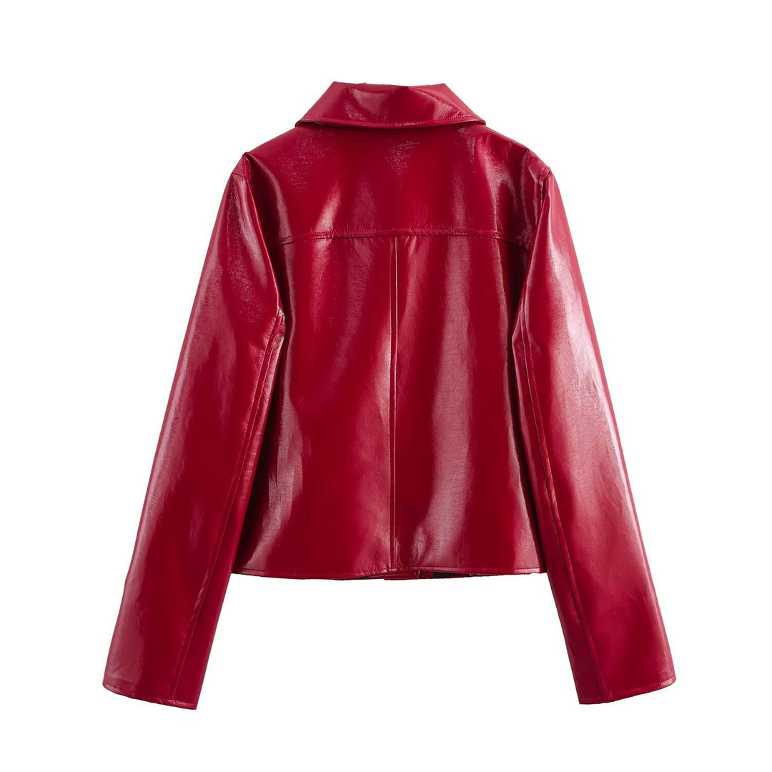 Women's Shiny Faux Leather Blouse Jacket in Boxy Cut with Shirt Collar Mune Fashion