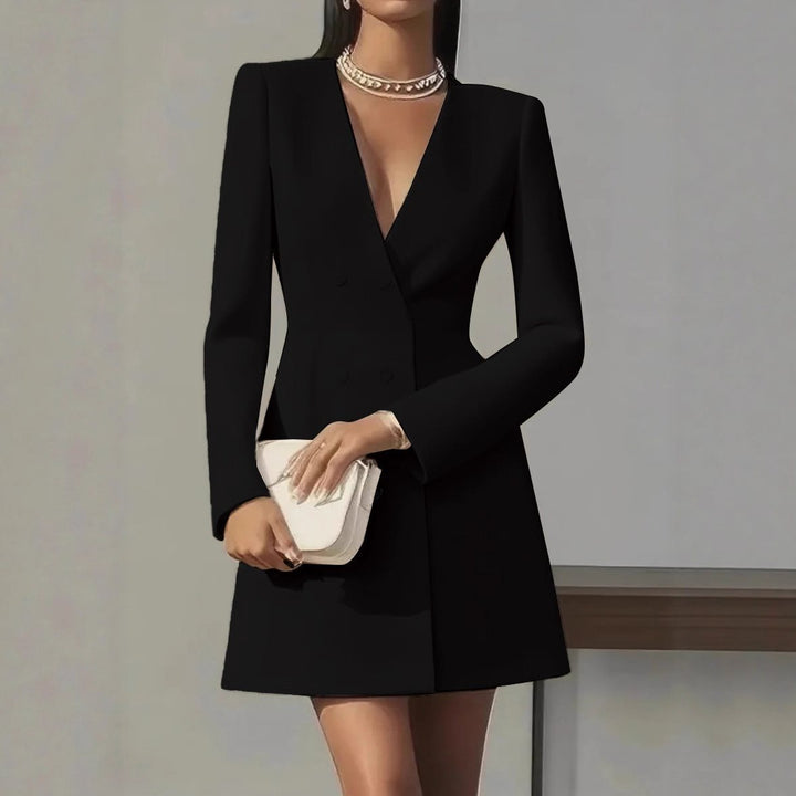 Ladies double-breasted blazer dress with tailored fit and deep V-neck Mune Fashion