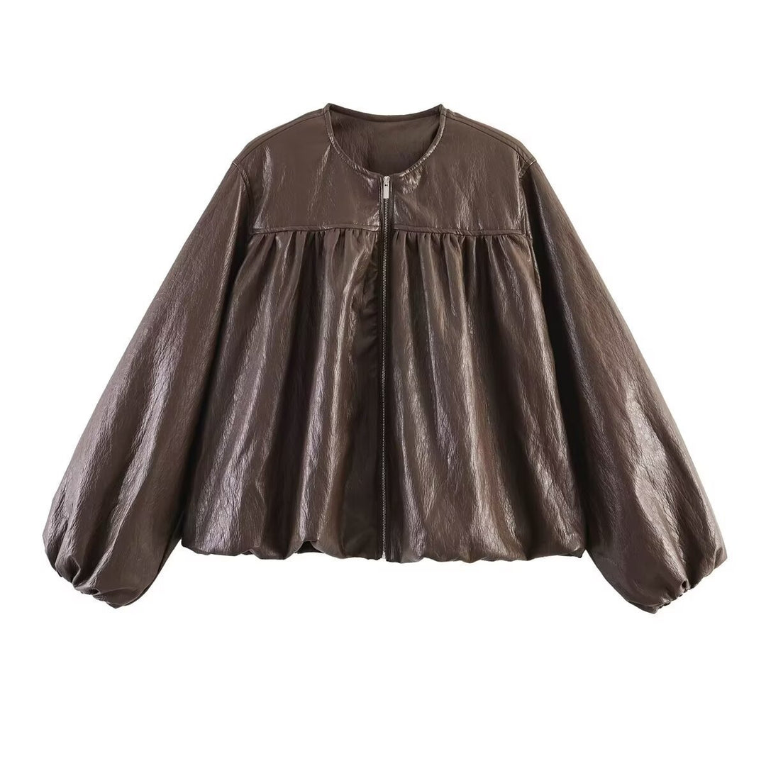Women's short jacket made of faux leather with gathered yoke and balloon sleeves Mune Fashion
