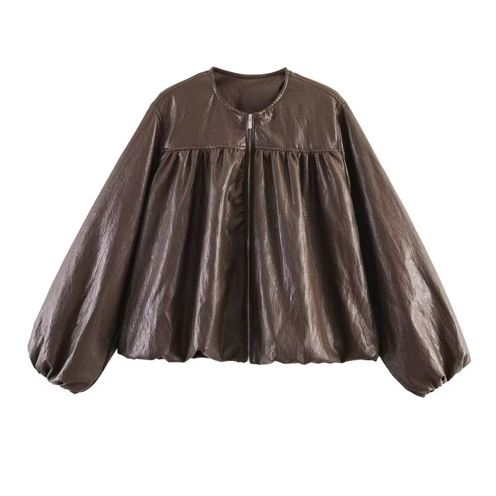 Women's short jacket made of faux leather with gathered yoke and balloon sleeves Mune Fashion
