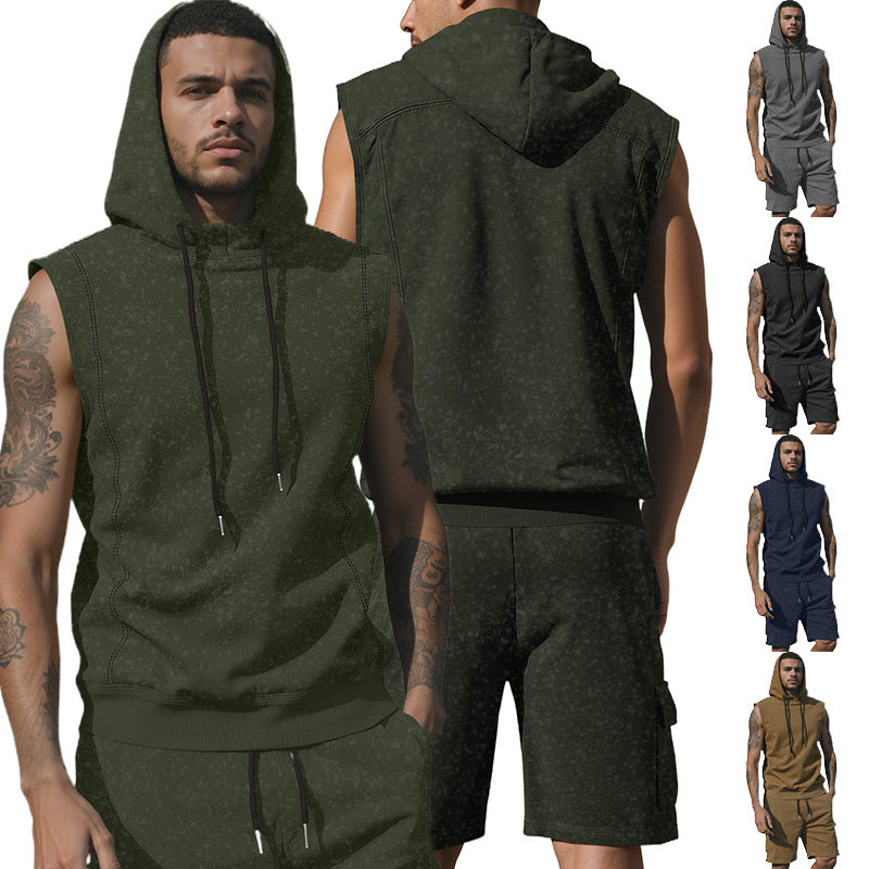 Men's Hooded Muscle Shirt Set with Functional Cargo Bermuda Mune Fashion