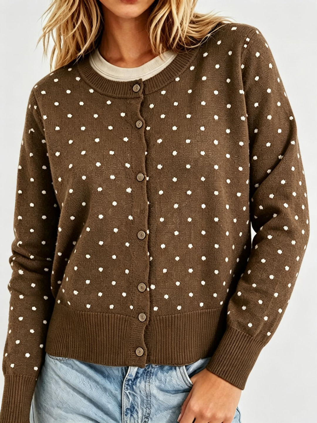 Women's Dotted Fine Knit Cardigan with Round Neck and Ribbed Cuffs Mune Fashion
