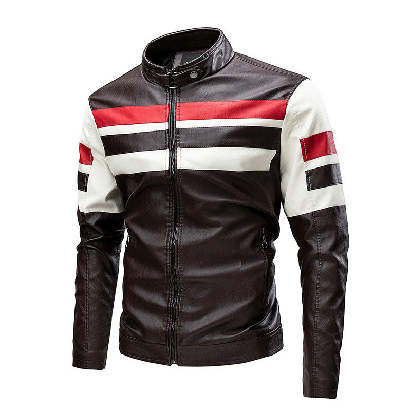 Men's retro-inspired motorcycle leather jacket with racing stripes and stand-up collar Mune Fashion