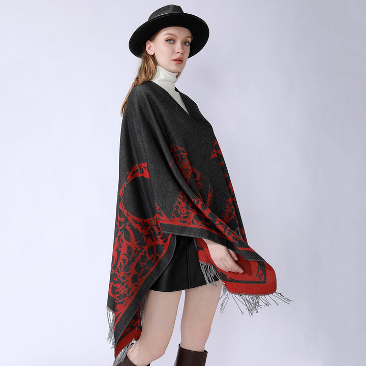 Women's Reversible Fine Knit Poncho with Jacquard Pattern and Fringed Hem Mune Fashion