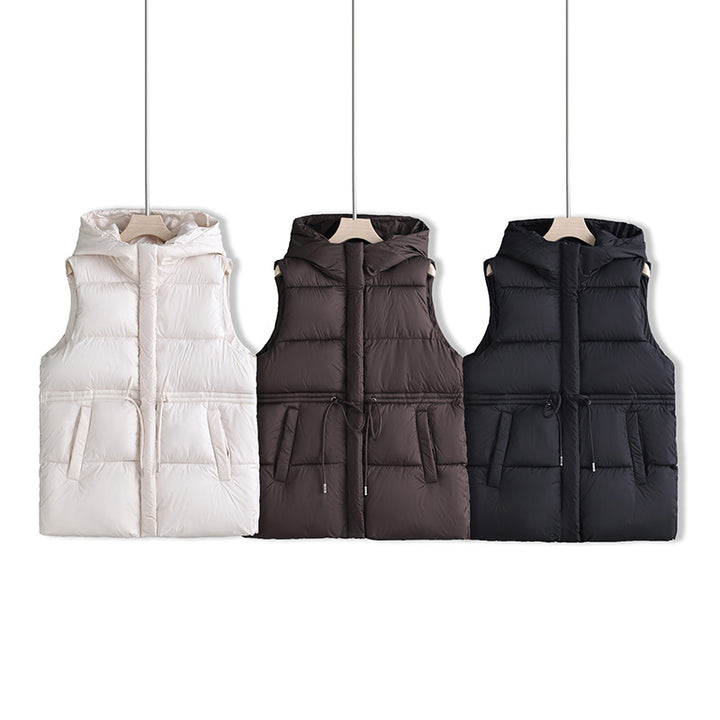 Ladies padded hooded vest with adjustable waist drawstring and windproof thermal lining Mune Fashion