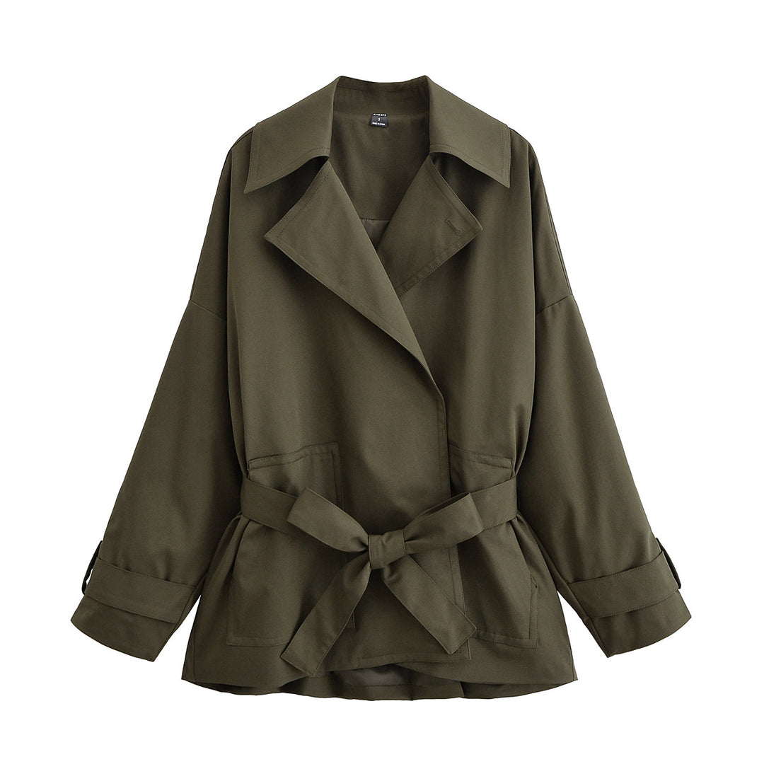 Women Tailored Short Trench with Tie Belt and Oversized Sleeves Mune Fashion