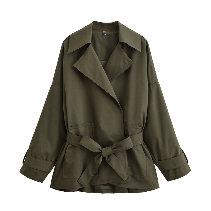 Women Tailored Short Trench with Tie Belt and Oversized Sleeves Mune Fashion