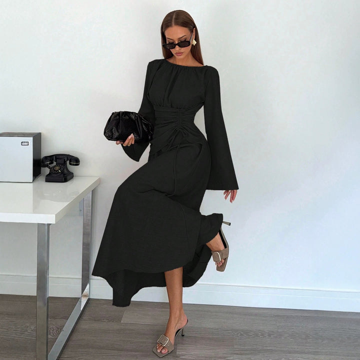 Women's maxi dress with gathered waist lacing, wide sleeves, and flowing skirt Mune Fashion
