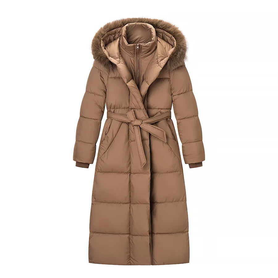Ladies long cut thermal padded coat with separate inner jacket, hood and tie belt Mune Fashion