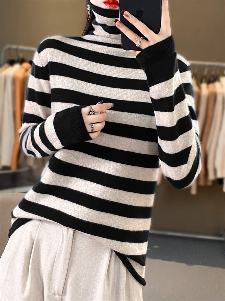 Women's Casual Striped Turtleneck Sweater made of Wool Blend with Relaxed Fit Mune Fashion