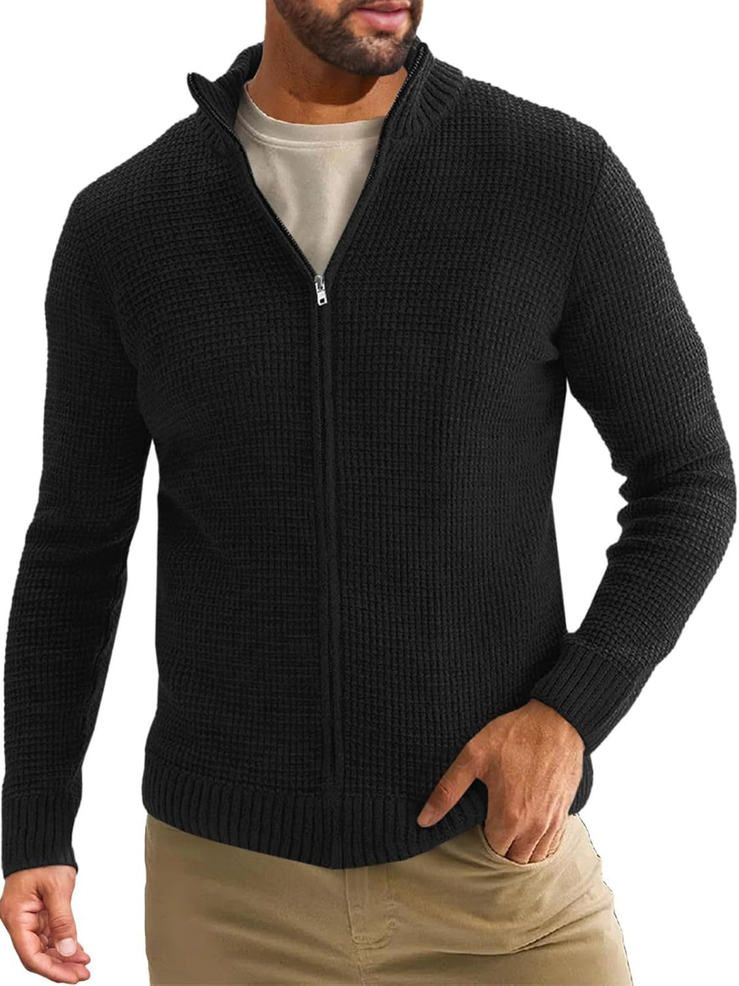 Men's Zip-Up Cardigan with Waffle Texture and Stand-Up Collar Mune Fashion
