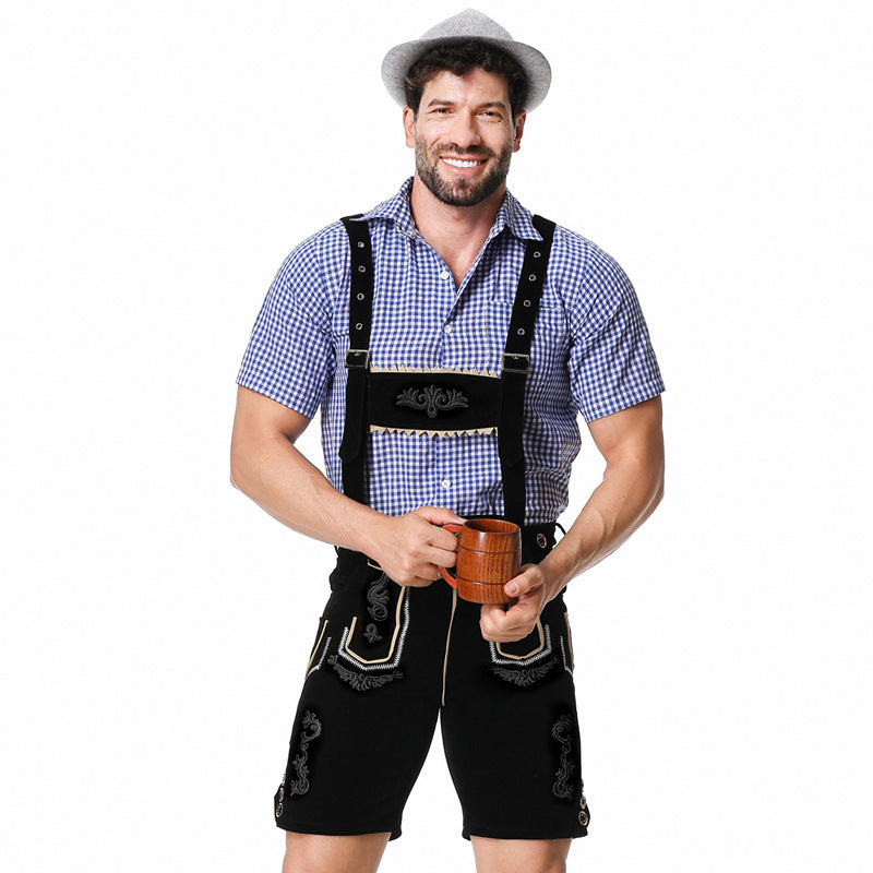Men's traditional short leather trousers with elaborate embroidery and adjustable straps Mune Fashion