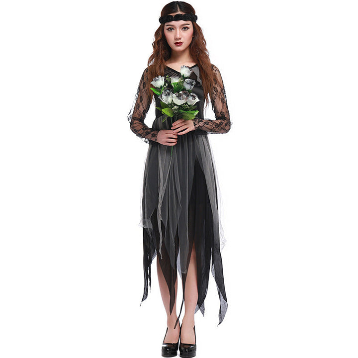 Ladies Gothic Costume with Transparent Lace Sleeves and Flared Skirt Mune Fashion