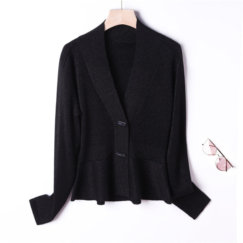 Ladies Fine Knit Cardigan with Shawl Collar, Waist-Defined Peplum and Decorative Button Placket Mune Fashion