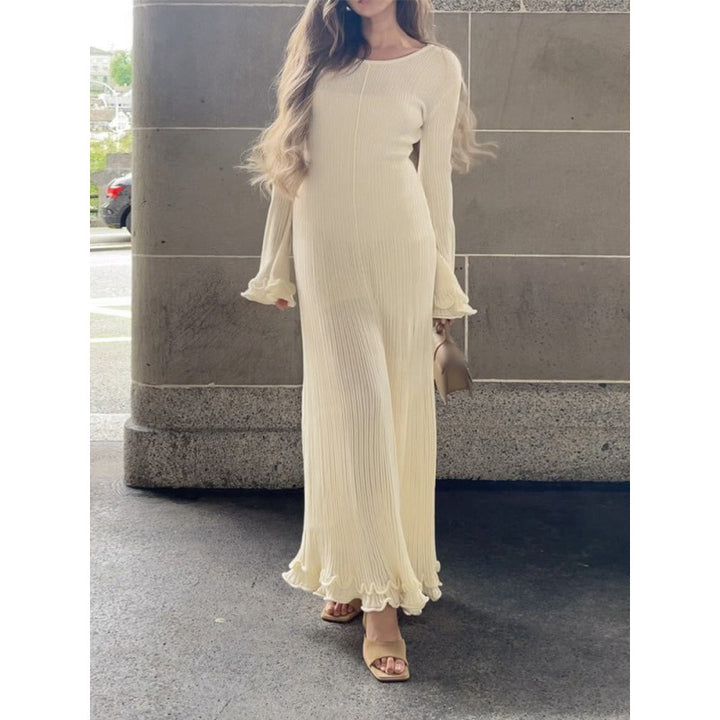 Women's Ribbed Maxi Dress with Long Sleeves, Ruffle Cuffs and Ruffle Hem Mune Fashion