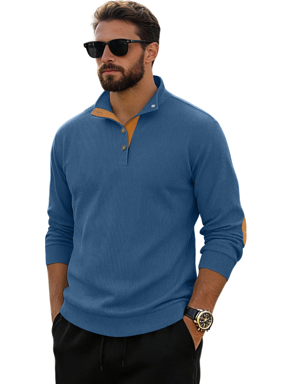 Men's fine ribbed knitted pullover with polo collar button placket and elbow patch Mune Fashion
