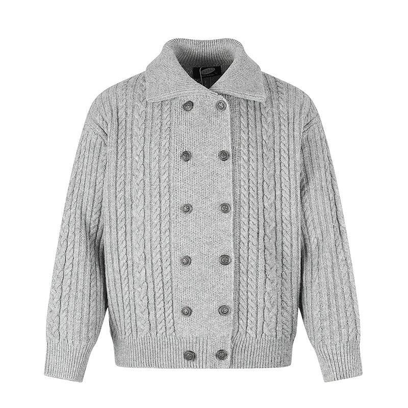 Women's Double-Breasted Cable Knit Cardigan with Shirt Collar and Ribbed Cuffs Mune Fashion
