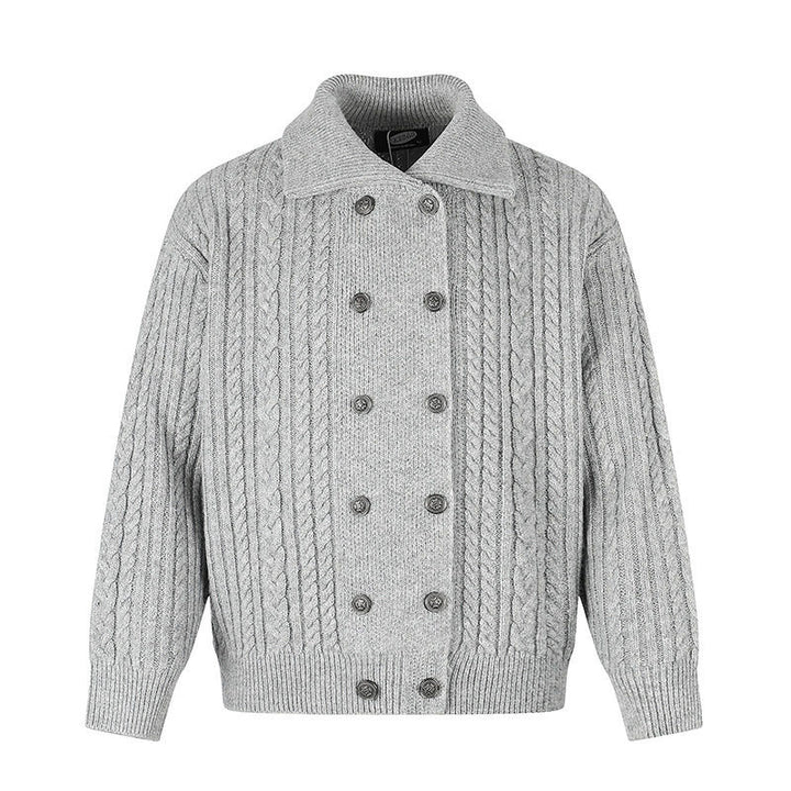 Women's Double-Breasted Cable Knit Cardigan with Shirt Collar and Ribbed Cuffs Mune Fashion
