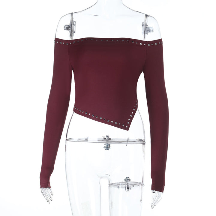 Women Asymmetrical Off-Shoulder Crop Top with Long Sleeves and Studded Trim Mune Fashion