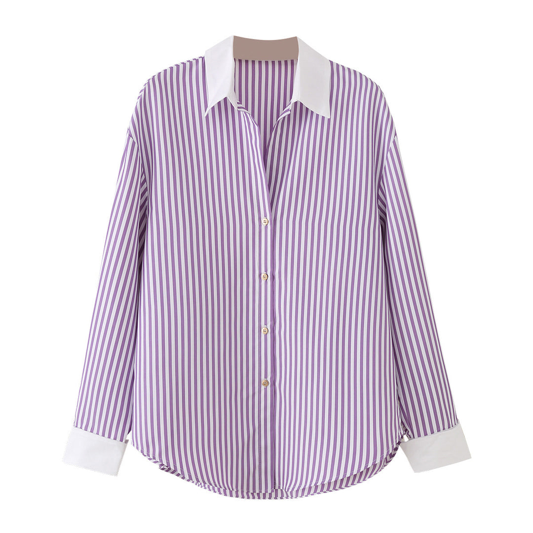 Women's Oversized Shirt Blouse with Contrasting Kent Collar and Rounded Hem Mune Fashion