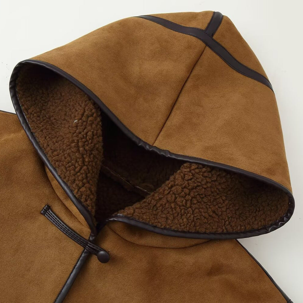 Women's Short Hooded Sheepskin Imitation Duffle Jacket with Toggle Fastenings Mune Fashion