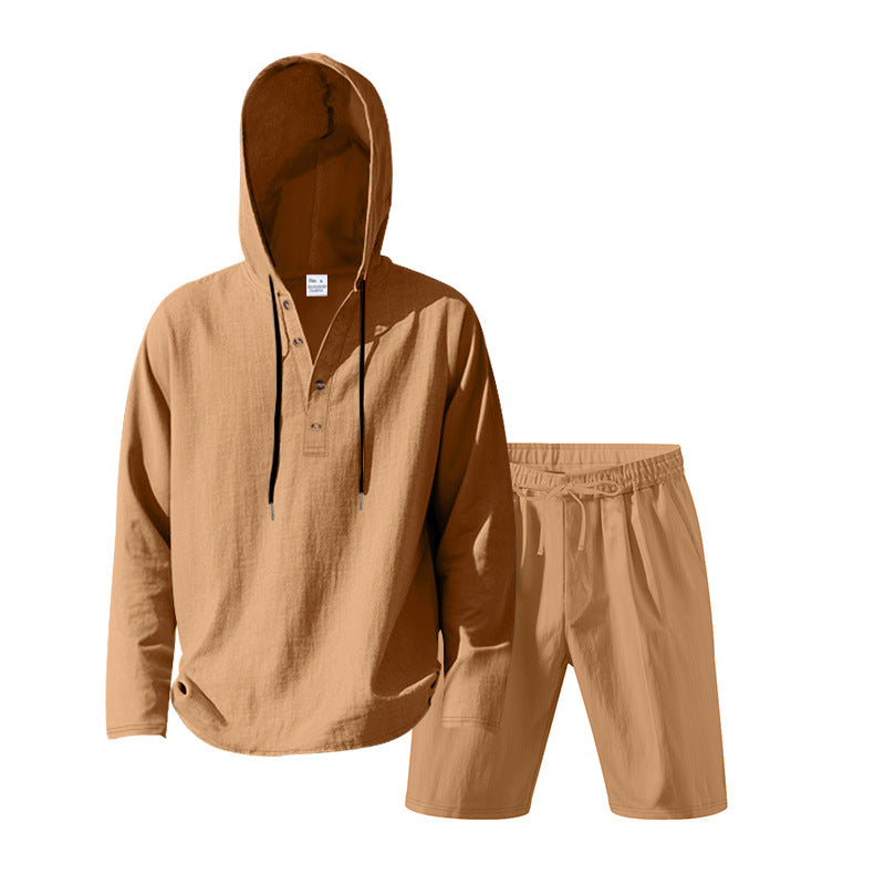 Men's Hoodie Henley Loungewear Set with Linen Look, Drawstring and Elastic Tunnel Shorts Mune Fashion